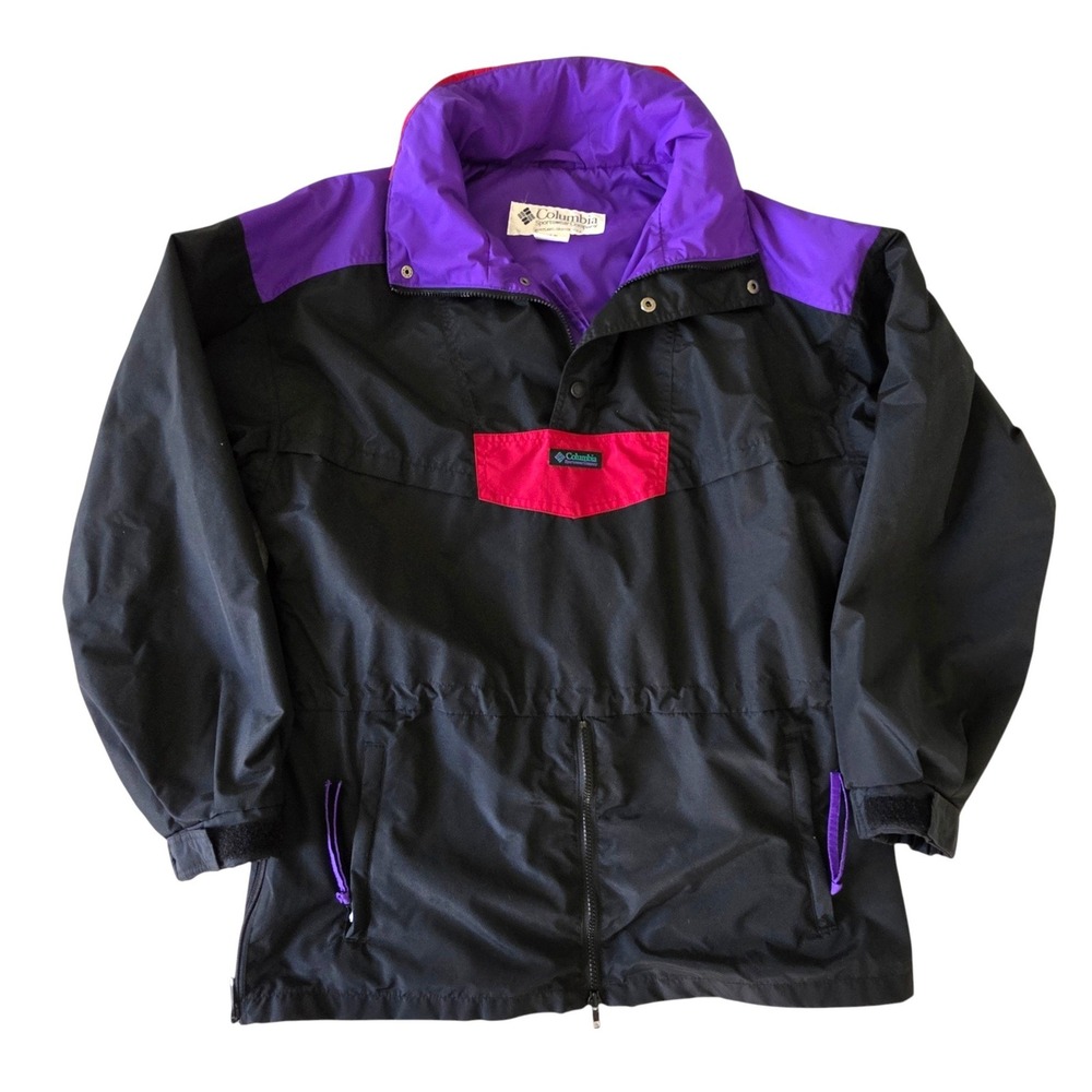 Columbia Mens Anorak Jacket Black Purple Colorblock Vintage 90s Hooded Medium